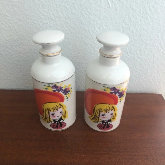Vintage Porcelain Dresser Bottles Two Pair Schoolgirl Design Japan 1970s - Picture 1 of 6